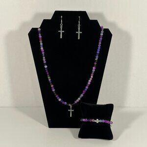 Jewelry Set (Necklace, Bracelet, and Earrings) Silver Cross Purple Beads NWT